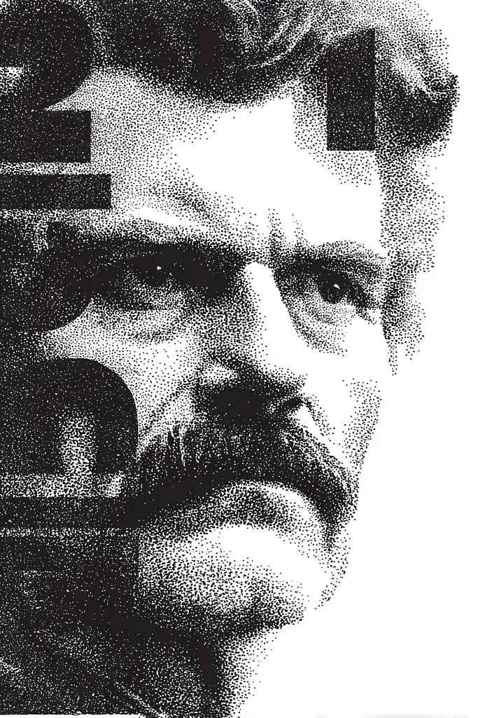 Midjourney generated image using SREF code Dotquake: A black and white photo of a man with a mustache.