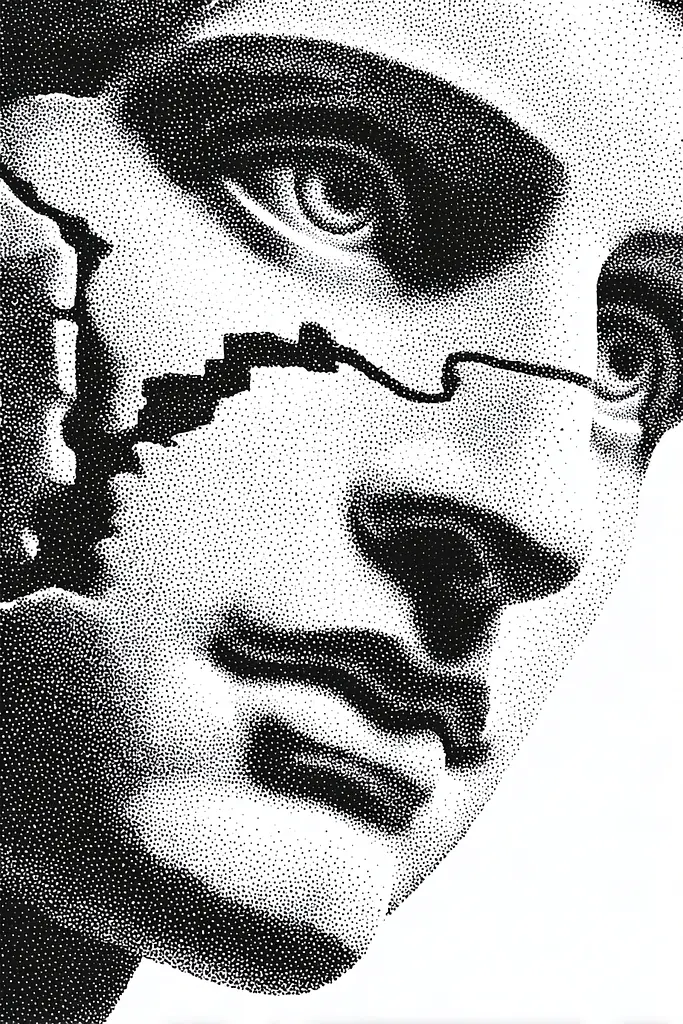 Midjourney generated image using SREF code Dotquake: A black and white photo of a woman's face.