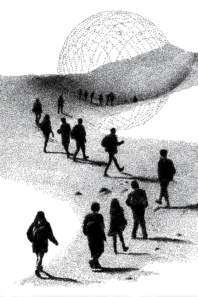 Midjourney generated image using SREF code Dotquake: A group of people walking across a snow covered field.