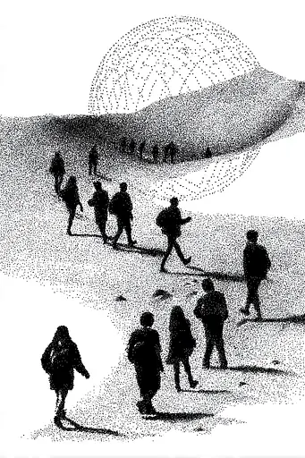 Midjourney generated image using SREF code Dotquake: A group of people walking across a snow covered field.