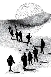 Midjourney generated image using SREF code Dotquake: A group of people walking across a snow covered field.