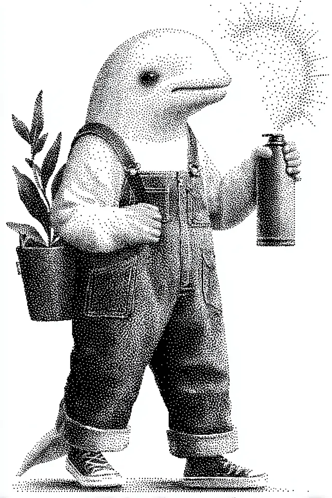 Midjourney generated image using SREF code Dotquake: A black and white illustration of a dolphin holding a spray can.