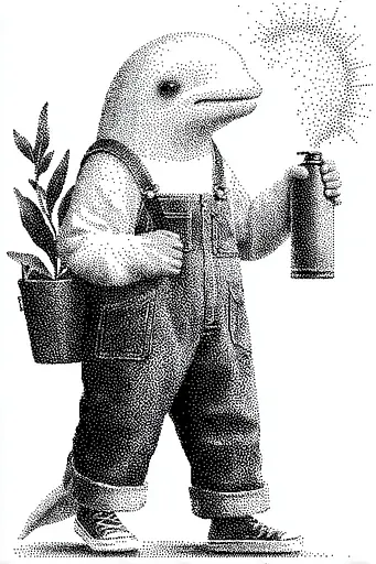 Midjourney generated image using SREF code Dotquake: A black and white illustration of a dolphin holding a spray can.