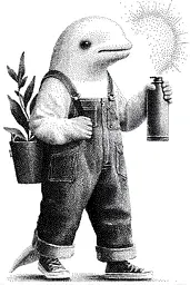 Midjourney generated image using SREF code Dotquake: A black and white illustration of a dolphin holding a spray can.