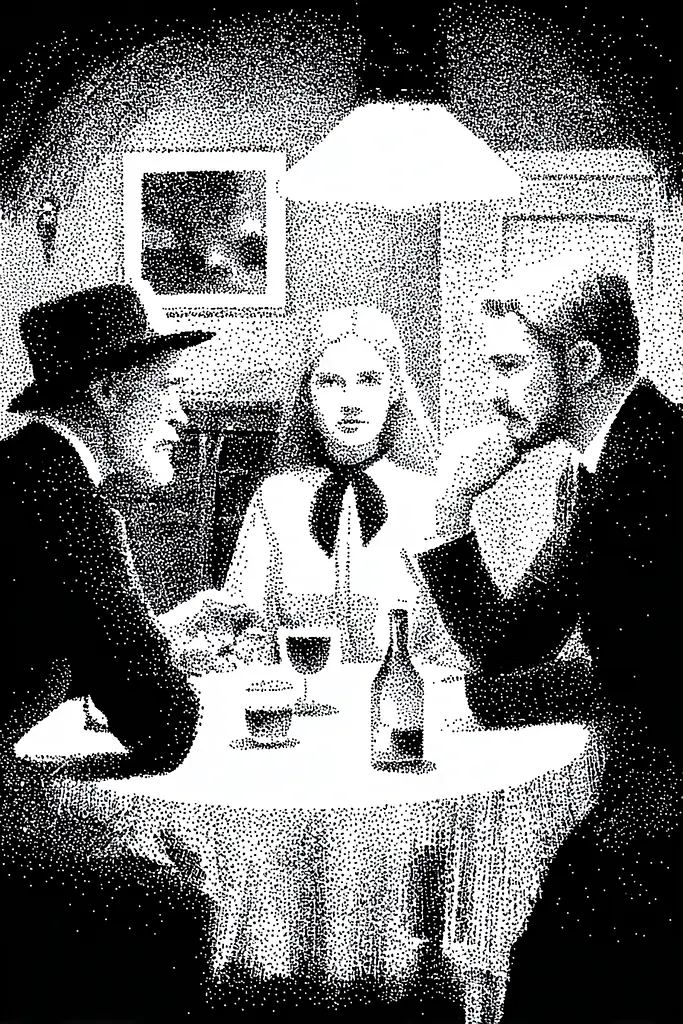 Midjourney generated image using SREF code Dotquake: A black and white illustration of three people sitting at a table.