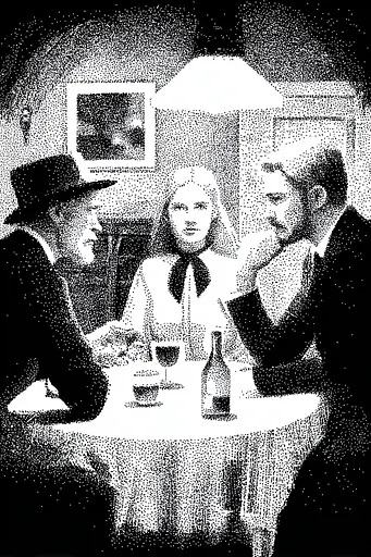Midjourney generated image using SREF code Dotquake: A black and white illustration of three people sitting at a table.