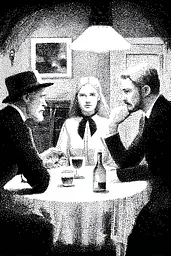 Midjourney generated image using SREF code Dotquake: A black and white illustration of three people sitting at a table.
