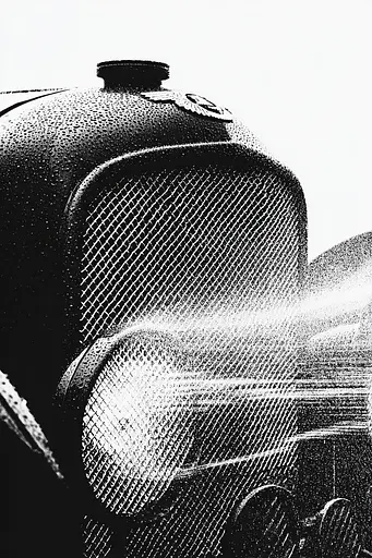Midjourney generated image using SREF code Dotquake: A black and white photo of an old tractor.