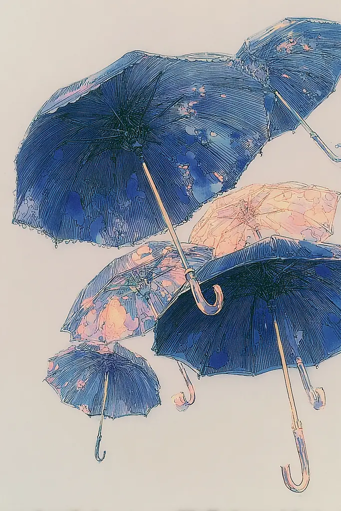 Midjourney generated image using SREF code Paleshore: A group of umbrellas that are flying in the air.