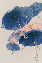 Midjourney generated image using SREF code Paleshore: A group of umbrellas that are flying in the air.