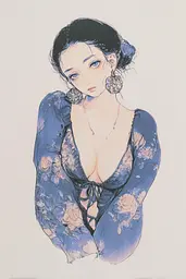 Midjourney generated image using SREF code Paleshore: A drawing of a woman in a blue dress.