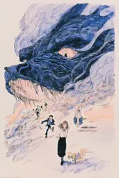 Midjourney generated image using SREF code Paleshore: A drawing of a woman walking in front of a giant dragon.