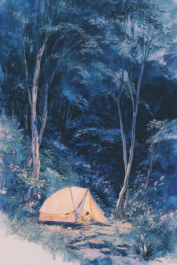 Midjourney generated image using SREF code Paleshore: A painting of a tent in the middle of a forest.