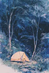 Midjourney generated image using SREF code Paleshore: A painting of a tent in the middle of a forest.