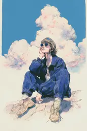 Midjourney generated image using SREF code Paleshore: A drawing of a man sitting on top of a rock.