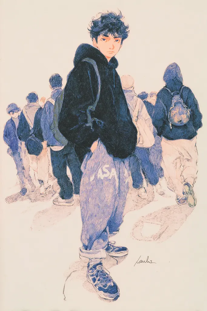 Midjourney generated image using SREF code Paleshore: A drawing of a young man standing in front of a group of people.