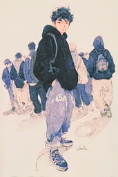 Midjourney generated image using SREF code Paleshore: A drawing of a young man standing in front of a group of people.