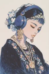 Midjourney generated image using SREF code Paleshore: A drawing of a woman wearing headphones and a necklace.