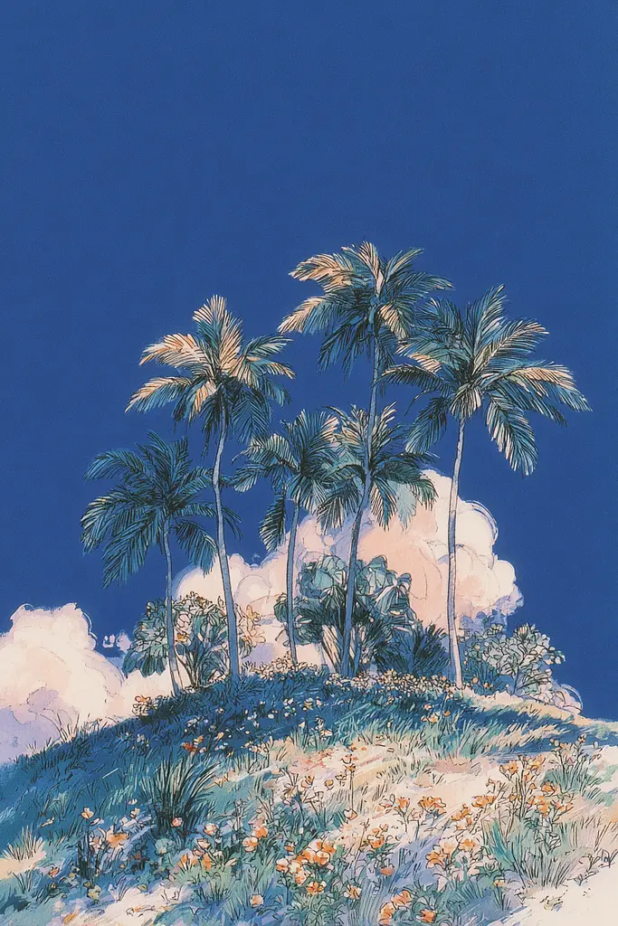 Midjourney generated image using SREF code Paleshore: A painting of palm trees on a hillside with flowers.
