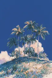Midjourney generated image using SREF code Paleshore: A painting of palm trees on a hillside with flowers.