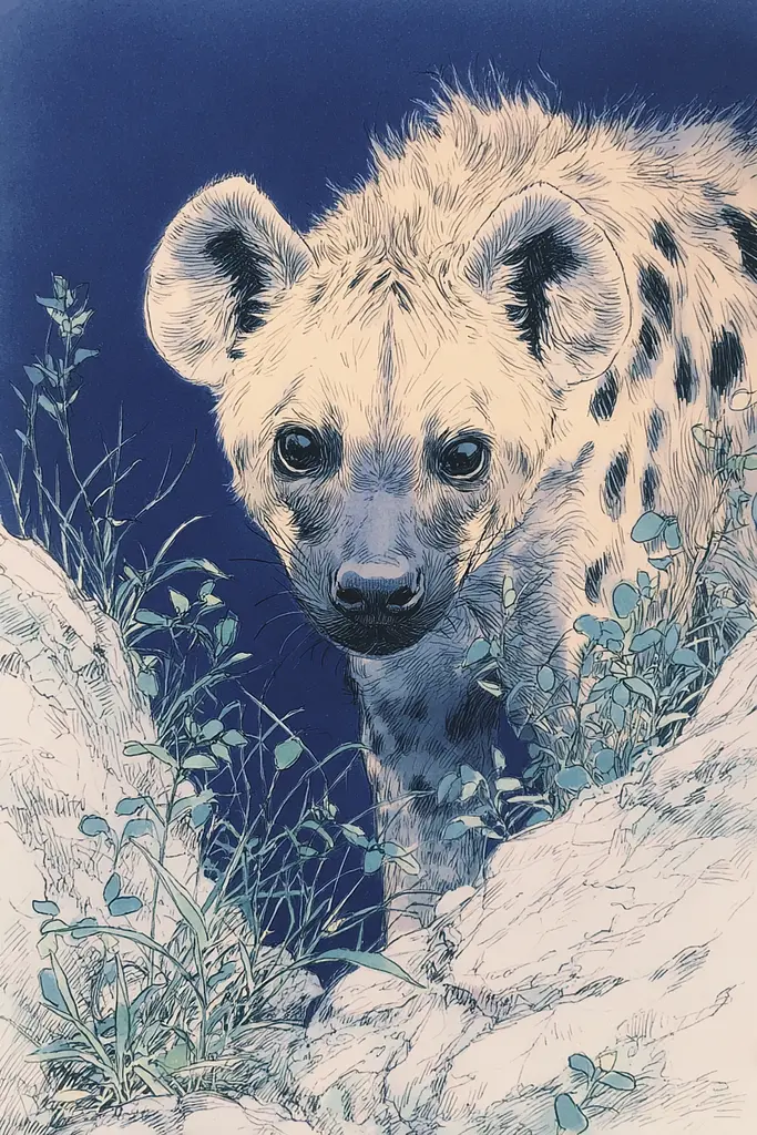Midjourney generated image using SREF code Paleshore: A drawing of a hyena standing in the grass.