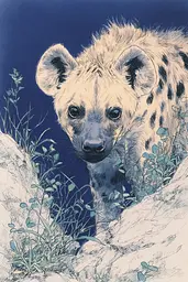 Midjourney generated image using SREF code Paleshore: A drawing of a hyena standing in the grass.