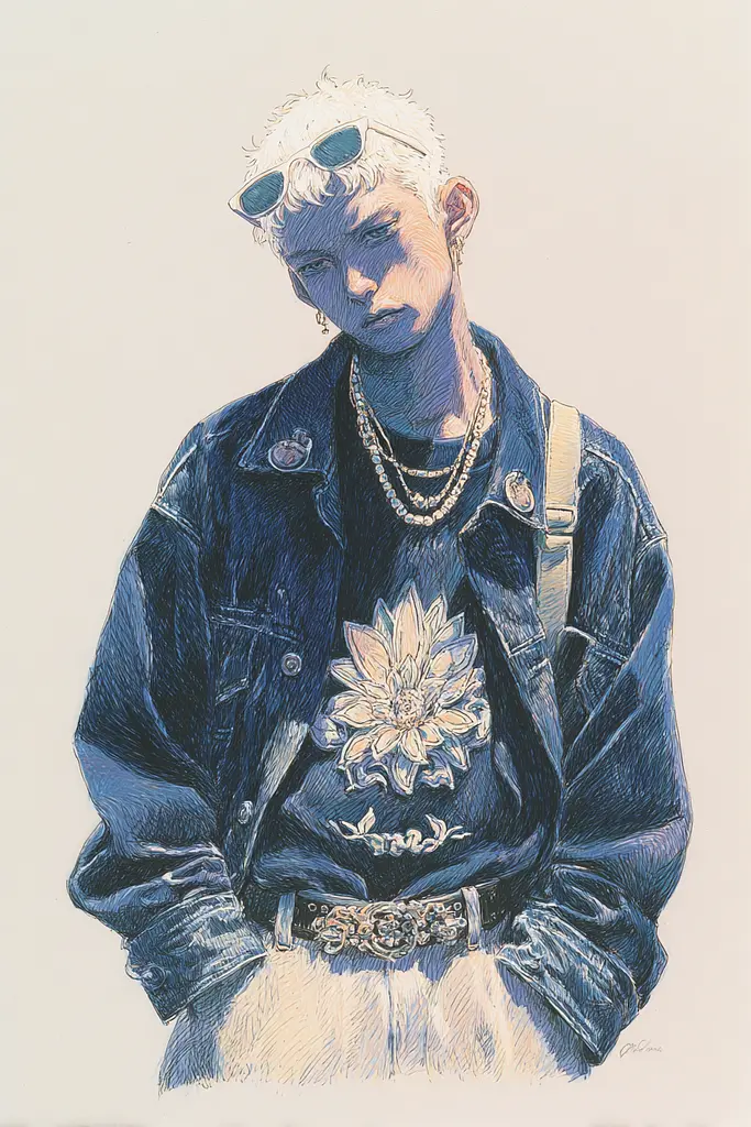 Midjourney generated image using SREF code Paleshore: A drawing of a man wearing a denim jacket and sunglasses.