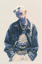 Midjourney generated image using SREF code Paleshore: A drawing of a man wearing a denim jacket and sunglasses.