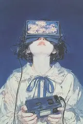 Midjourney generated image using SREF code Paleshore: A woman wearing a virtual reality headset holding a camera.