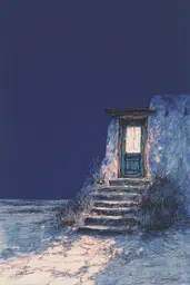 Midjourney generated image using SREF code Paleshore: A drawing of a blue door in the middle of a desert.