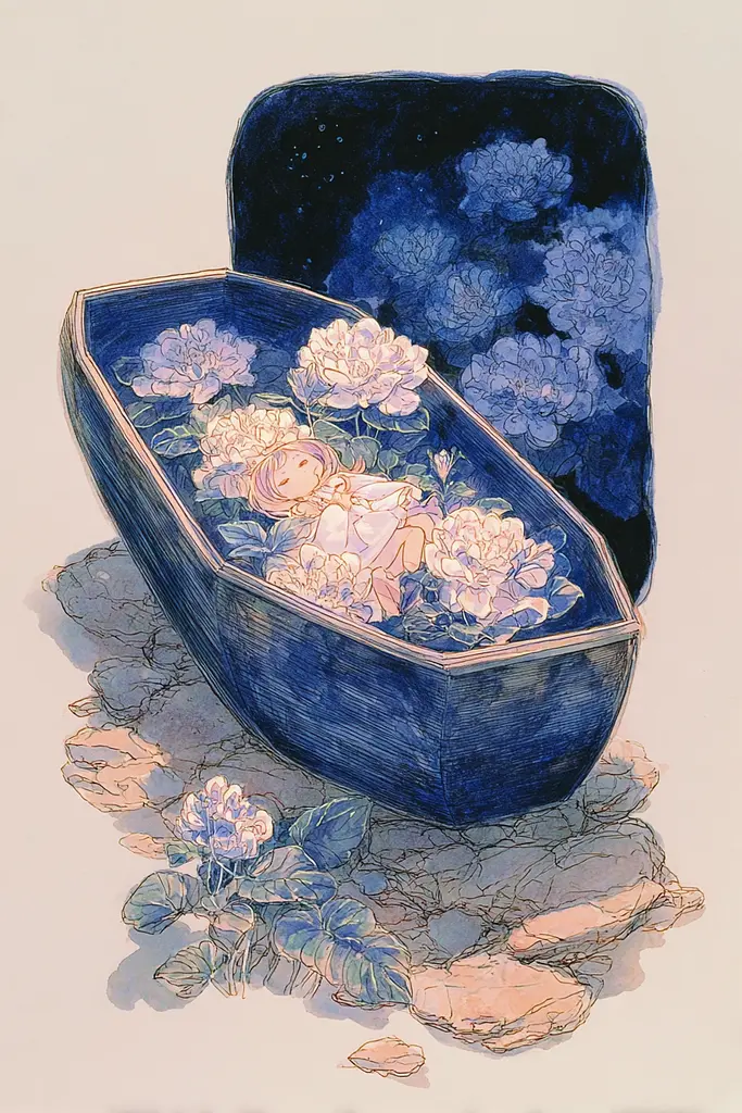 Midjourney generated image using SREF code Paleshore: A drawing of a blue casket filled with flowers.