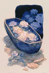 Midjourney generated image using SREF code Paleshore: A drawing of a blue casket filled with flowers.