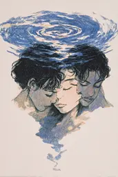 Midjourney generated image using SREF code Paleshore: A drawing of a man and a woman in the water.