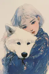 Midjourney generated image using SREF code Paleshore: A drawing of a girl holding a white dog.