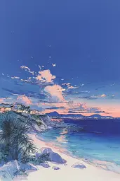 Midjourney generated image using SREF code Paleshore: A painting of a beach at sunset with a house in the distance.