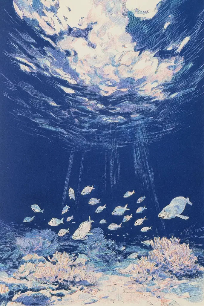 Midjourney generated image using SREF code Paleshore: A drawing of a group of fish swimming in the ocean.