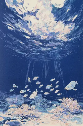 Midjourney generated image using SREF code Paleshore: A drawing of a group of fish swimming in the ocean.