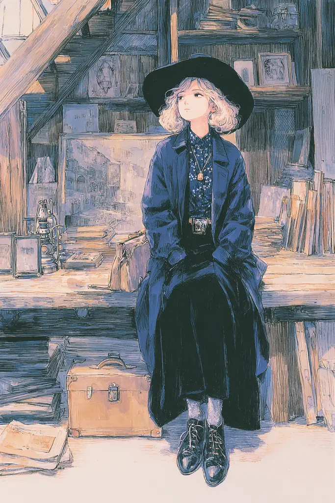 Midjourney generated image using SREF code Paleshore: A drawing of a woman sitting on a bench in a room.