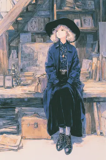 Midjourney generated image using SREF code Paleshore: A drawing of a woman sitting on a bench in a room.