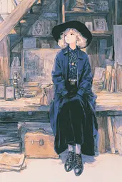 Midjourney generated image using SREF code Paleshore: A drawing of a woman sitting on a bench in a room.