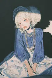 Midjourney generated image using SREF code Paleshore: A drawing of a woman in a blue dress and hat.