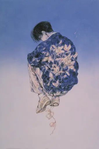 Midjourney generated image using SREF code Paleshore: A drawing of a person sitting on the ground.