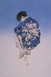 Midjourney generated image using SREF code Paleshore: A drawing of a person sitting on the ground.