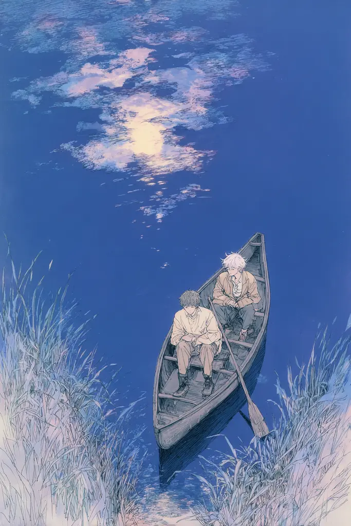 Midjourney generated image using SREF code Paleshore: A couple of people sitting in a boat on a lake.