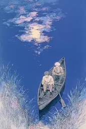 Midjourney generated image using SREF code Paleshore: A couple of people sitting in a boat on a lake.