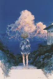 Midjourney generated image using SREF code Paleshore: A drawing of a person standing on a stairway looking out at the ocean.