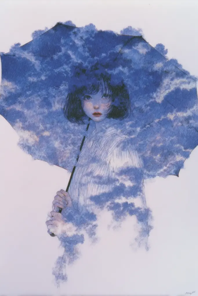 Midjourney generated image using SREF code Paleshore: A drawing of a woman holding an umbrella in the clouds.