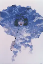 Midjourney generated image using SREF code Paleshore: A drawing of a woman holding an umbrella in the clouds.