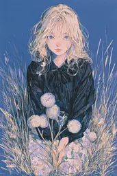 Midjourney generated image using SREF code Paleshore: A drawing of a girl sitting in a field of flowers.