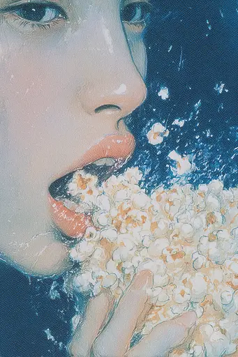 Midjourney generated image using SREF code Paleshore: A painting of a woman eating popcorn. 